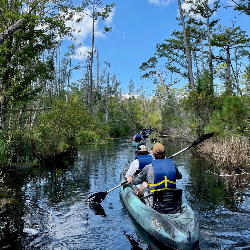 a man riding on the back of a boat next to a river